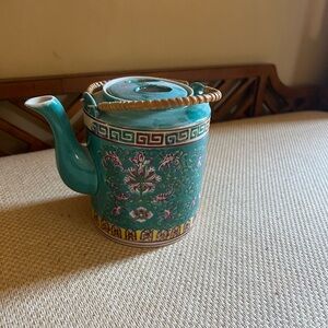 Chinese famille rose teapot Midcentury Vintage Teal Floral Teapot